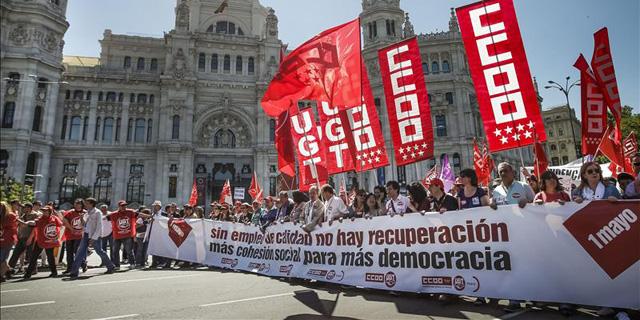 UGT y CCOO celebran en Madrid el Primero de Mayo pidiendo no votar al Partido Popular