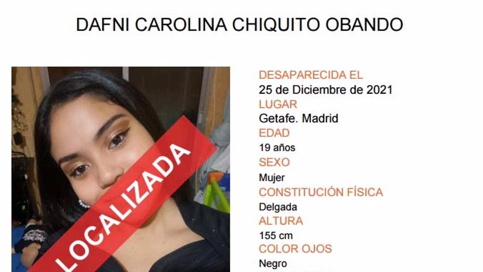 Localizada en buen estado una joven de 19 años desaparecida el día de  Navidad en Getafe