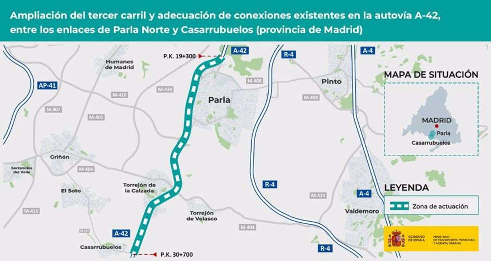 El Ministerio licita la ampliación a un tercer carril en el tramo Parla-Casarrubuelos de la A-42