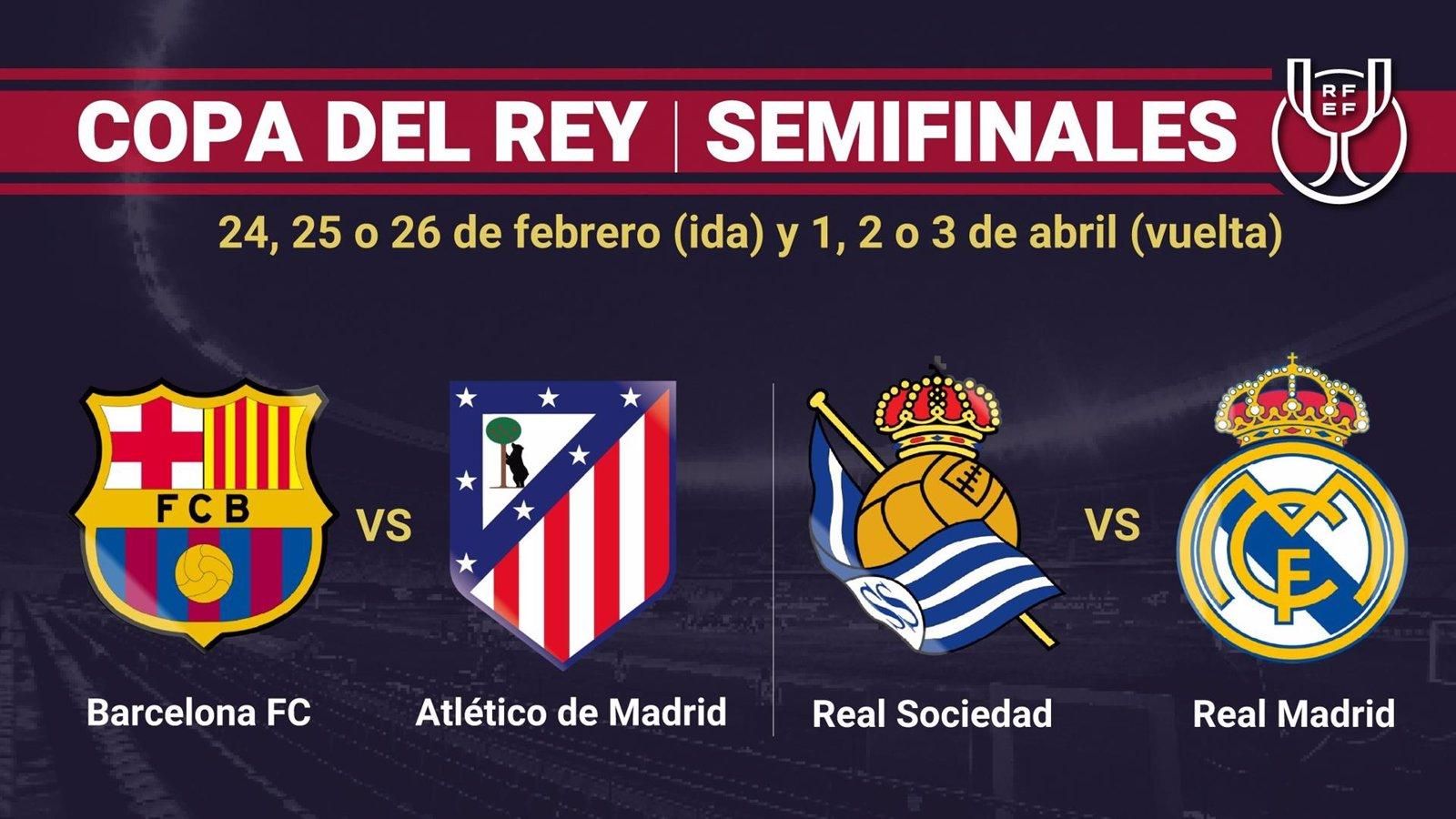 Barcelona vs Atlético y Real Sociedad vs Real Madrid se enfrentarán en las semifinales de la Copa del Rey