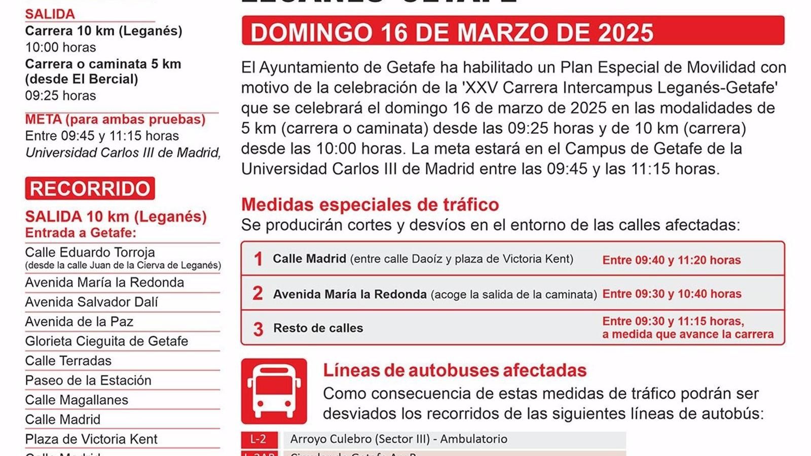 Getafe.- El Ayuntamiento realizará este domingo cortes de tráfico y desvíos con motivo de la XXV Carrera Intercampus